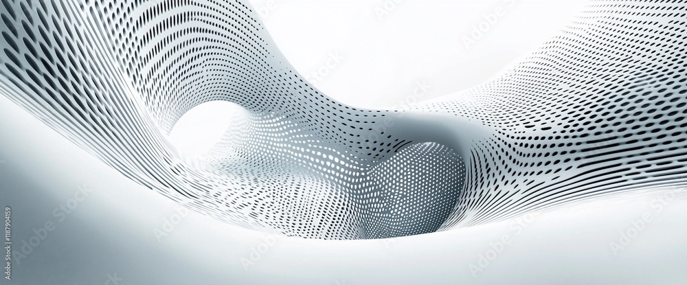 Poster Abstract white architectural design with perforated patterns, creating a flowing, tunnel-like structure.