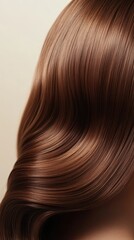Naklejka premium Beautiful model girl with Brown hair strand,silky healthy chestnut wavy hair strand,hair wavy ribbon, with smooth,Keratin straightening,Treatment,straight long hair,procedures,Smooth hairstyle.