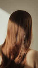 Fototapeta premium Beautiful model girl with Brown hair strand,silky healthy chestnut wavy hair strand,hair wavy ribbon, with smooth,Keratin straightening,Treatment,straight long hair,procedures,Smooth hairstyle.