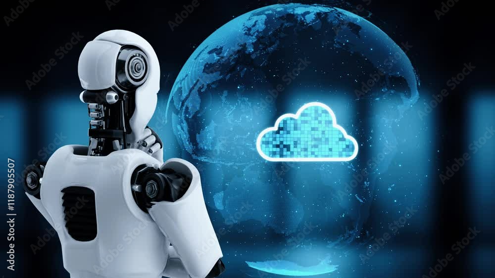 Poster AI robot huminoid uses cloud computing technology to store data on online server . Futuristic concept of cloud information storage analyzed by machine learning process . 3D rendering .