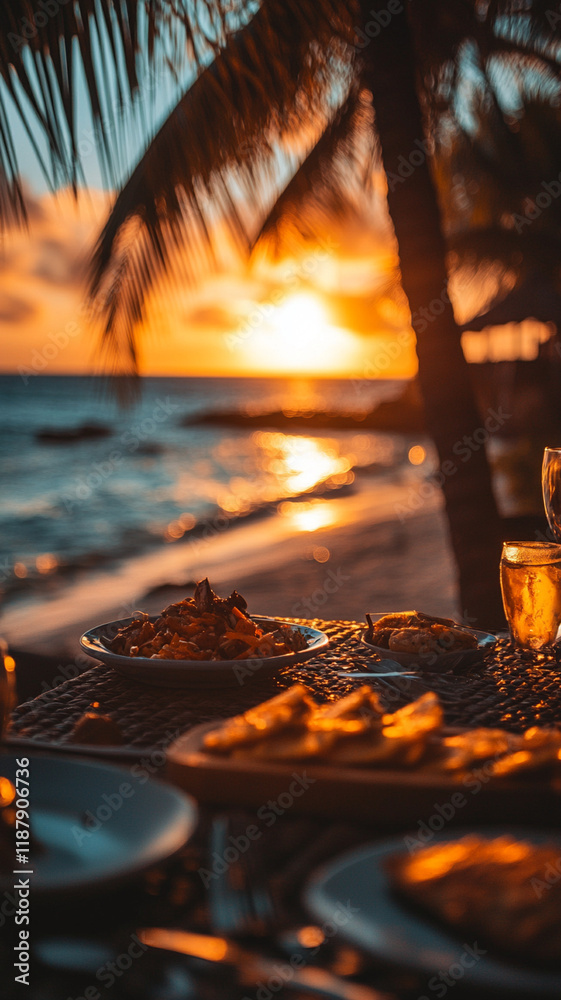 Wall mural Dinner with a sunset beach in the background