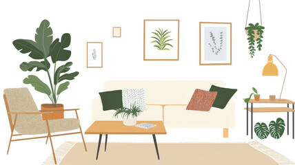 Fototapeta premium Scandinavian Living Room. Light wood furniture, white walls, cozy textiles. Bright & minimalist Nordic interior. Simple & comfortable home design