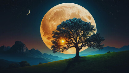 landscape tree with glow moon desktop wallpaper, pc wallpaper 4k