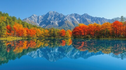 Naklejka premium Autumn lake reflection with colorful trees and snow-capped mountains.