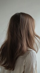 Naklejka premium Beautiful model girl with Brown hair strand,silky healthy chestnut wavy hair strand,hair wavy ribbon, with smooth,Keratin straightening,Treatment,straight long hair,procedures,Smooth hairstyle.