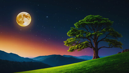 landscape tree with glow moon desktop wallpaper, pc wallpaper 4k
