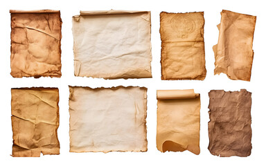 collection of old worn paper sheet isolated on white background 