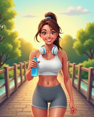 Illustration of a cheerful athletic woman wearing headphones, holding a water bottle while jogging on a scenic bridge surrounded by lush greenery. Perfect for fitness, outdoor lifestyle themes.