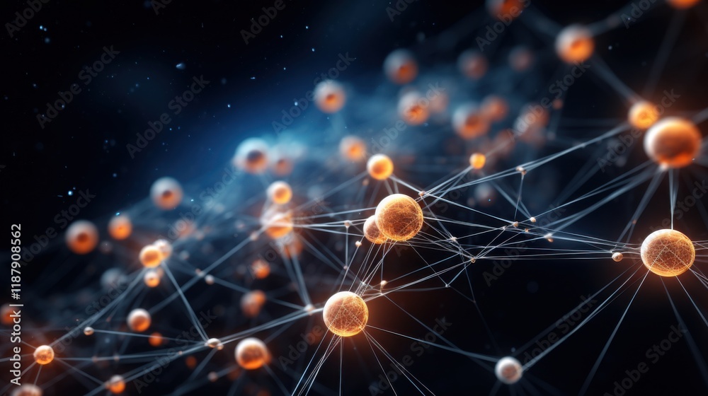Wall mural an abstract 3d model of a molecule, with translucent glowing nodes connected by shimmering silver th