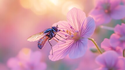 Fly pollinating a pink flower at sunset.