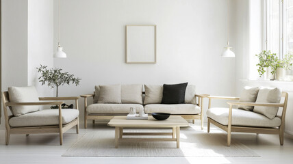 Fototapeta premium Scandinavian Living Room. Light wood furniture, white walls, cozy textiles. Bright & minimalist Nordic interior. Simple & comfortable home design