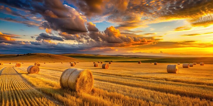 Alberta sunset paints Kneehill County's hay fields gold, a picturesque rural scene at golden hour.