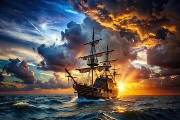 Obraz premium A pirate ship artwork unveils a high-seas adventure: ocean exploration, treasure hunt, and sailing in mysterious waters.