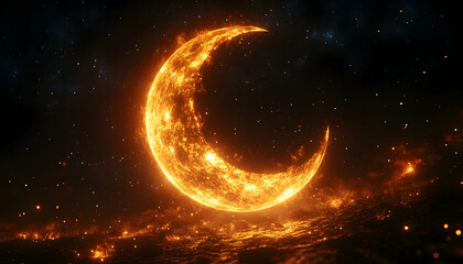 3D Illustration Burning Crescent Moon, Stars, and Cosmic Dust