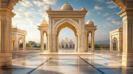 Obraz premium Majestic Islamic architecture at sunrise.