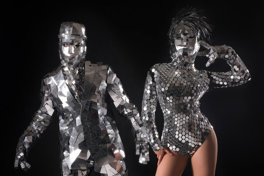 Fototapeta Dazzling performance by two dancers wearing reflective costumes on a dark stage