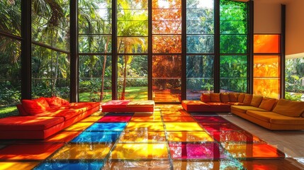 Fototapeta premium Colorful interior with vibrant stained glass windows.