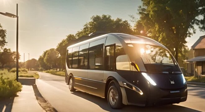 Self-Driving Shuttle Bus Stopping at a Solar-Lit Village Road