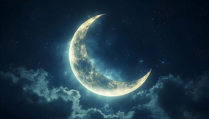 Fototapeta premium Crescent Moon Illustration - Night Sky, Stars, Clouds, Moonlight