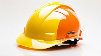 Fototapeta premium Closeup of a yellow and orange hard hat or safety helmet isolated on white background with reflection