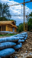 Construction Site  House Framing  Cranes  and Blue Sandbags