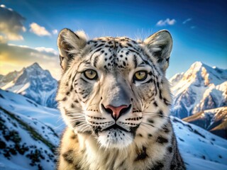Obraz premium Close-up: A snow leopard's intense stare against a breathtaking Himalayan backdrop.