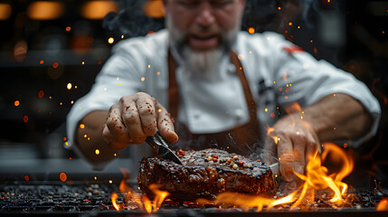 Fototapeta premium Chef Grilling Meat Over Open Flame in Professional Kitchen with Smoky Atmosphere