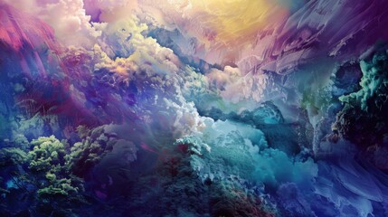 a fantastical dreamscape of vibrant colors and surreal landscapes, with a spacious white space at the center for text