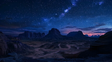 Serene Night Sky Over a Desert Landscape with Prominent Rock Formations and Starry Horizon