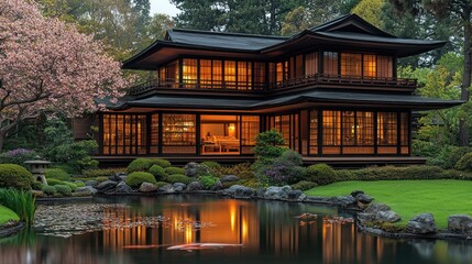 Obraz premium Elegant Japanese-style house by a serene pond.