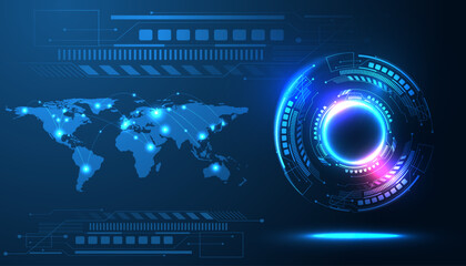 Abstract futuristic background with a glowing circle and world map. Perfect for technology, AI, and global connectivity concepts.