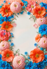 Floral Frame of Delicate Blooms: An elegant and vibrant floral frame composed of bright orange poppies, delicate pink dahlias, and vibrant blue anemones.