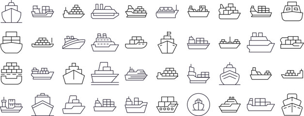 Ship Thin Line Icon Set. Outline Signs for Graphic and Web Design, Apps, Adverts, Various Cards