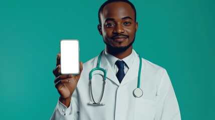 Consult a medical specialist online. A mockup of the phone in the doctor's hand. A black, smiling, confident, positive man in a white lab coat holds a cell phone with an empty screen