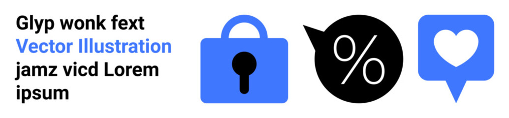 Blue lock for security, black percentage speech bubble, and blue heart message icon. Ideal for online security, marketing, social media, communication, privacy, encryption, and user interaction