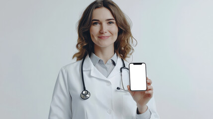 A mockup of the phone in the doctor's hand. Online consultation with a medical specialist. A woman in a white lab coat with a stethoscope and a mobile phone in her hand