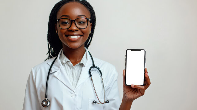 A smiling, confident doctor with glasses and a white lab coat with a stethoscope around her neck, holding a cell phone with an empty screen. Phone mockup. Make an appointment at the hospital