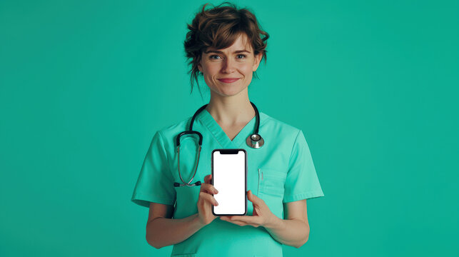 A smiling female nurse in a green lab coat with a stethoscope around her neck holds a modern phone with an empty screen in her hands. A phone mockup for the presentation of a medical product - Powered by Adobe