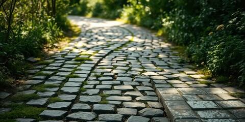 A stone pathway winding through lush greenery, illuminated by sunlight casting dappled shadows on the cobblestone surface
