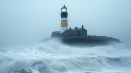 Coastal lighthouse beaming through stormy sea and fog.