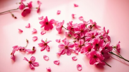 Obraz premium Delicate pink flowers scattered on a soft pink background, creating a gentle and romantic scene.