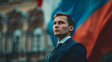 Fototapeta premium Confident political leader in formal suit standing with serious expression, representing authority and leadership in government or public service roles.