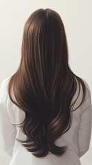 Naklejka premium Beautiful model girl with Brown hair strand,silky healthy chestnut wavy hair strand,hair wavy ribbon, with smooth,Keratin straightening,Treatment,straight long hair,procedures,Smooth hairstyle.