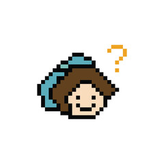Obraz premium Cute pixel cartoon character woman with question mark decoration 8 bit female girl lady confused idea question mark think choose cartoon pixel game 8bit png vector.
