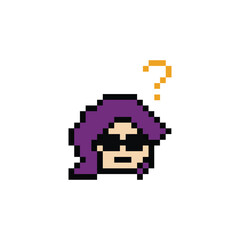 Fototapeta premium Cute pixel cartoon character woman with question mark decoration 8 bit female girl lady confused idea question mark think choose cartoon pixel game 8bit png vector.