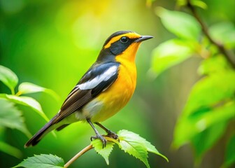 Fototapeta premium Ficedula narcissina, a Narcissus Flycatcher's song fills lush green woods.