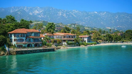 Fototapeta premium Coastal homes on beach with mountain view, sunny day.