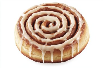 Fototapeta premium Ein frisch gebackenes, mit Zuckerguss beträufeltes Zimtschnecken, das sein Spiralmuster zur Geltung bringt. Cinnabun