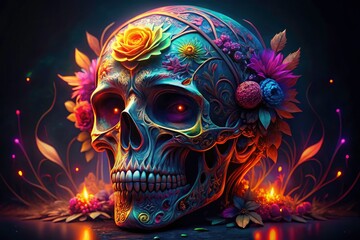 Glowing skull tattoo dominates a dark fantasy scene; captivating art photography.