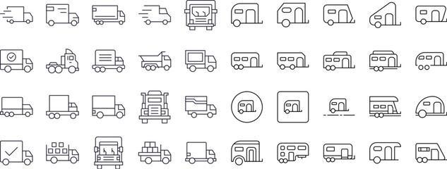 Collection of Truck and Motor Home Related Line Icons. Outline Signs for Graphic and Web Design, Apps, Adverts, Various Cards